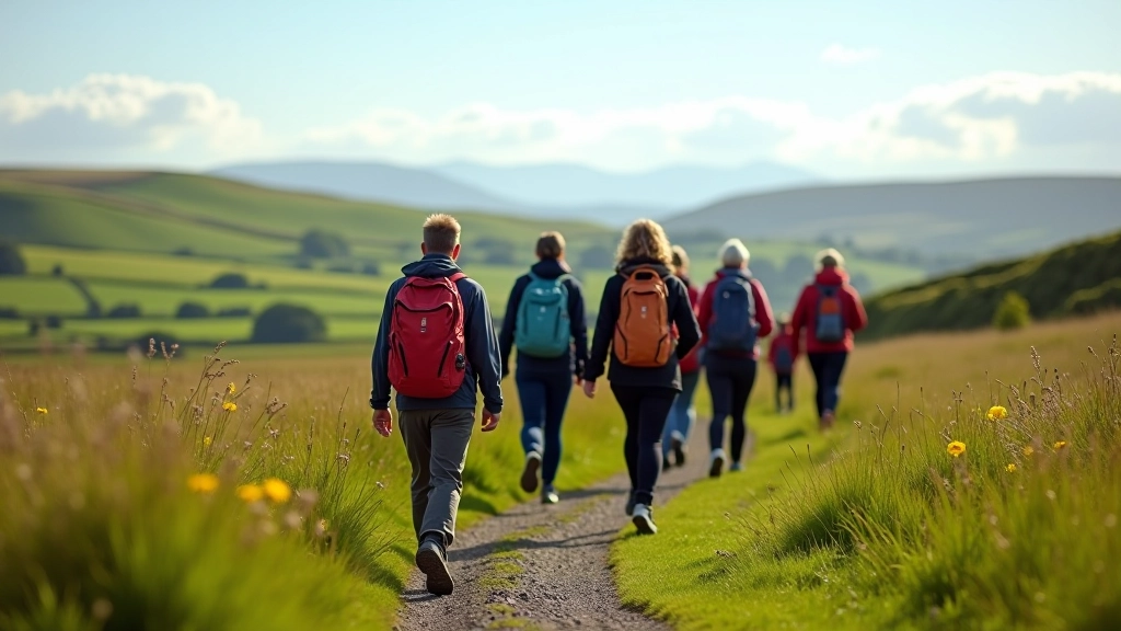 Group of hikers on an Irish countryside trail with rolling green hills