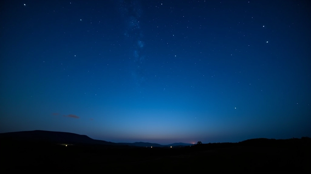 Starry night sky with Milky Way visible above dark landscape