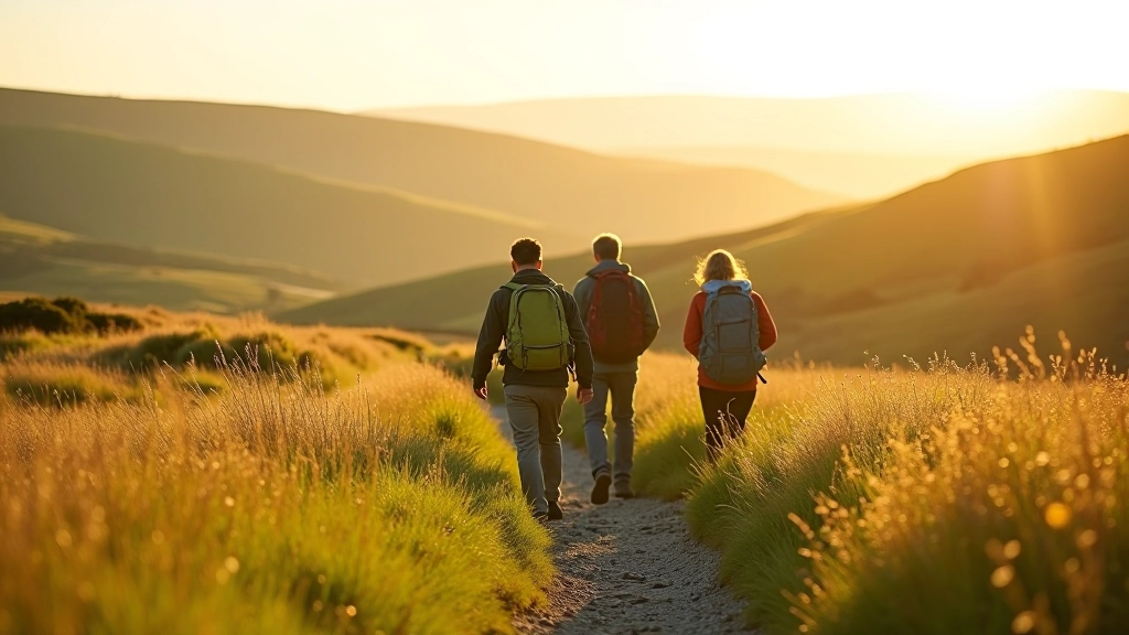 Group of hikers walking along a green hillside trail in Irish countryside
