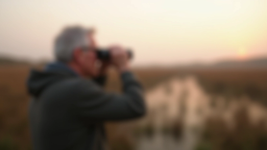 Person looking through binoculars observing birds in natural wetland habitat