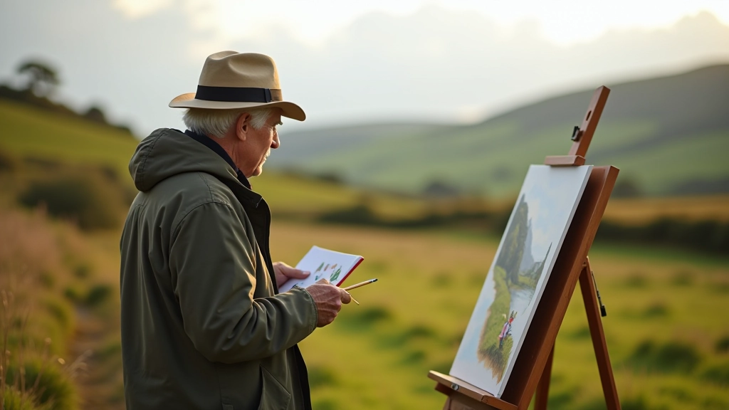 Artist sketching outdoors in natural landscape with watercolor supplies